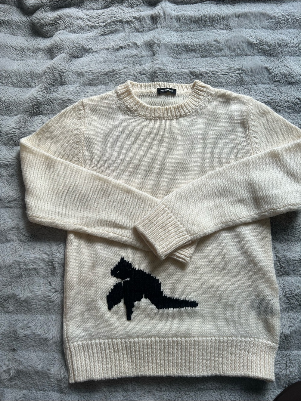 Raf Simons Cream Crewneck Sweater with Black Fox Graphic